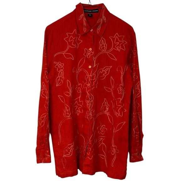 Josephine Chaus Blouse Linen Embroidered Vibrant Orange Shirt Button Up Size 8 - Picture 2 of 13